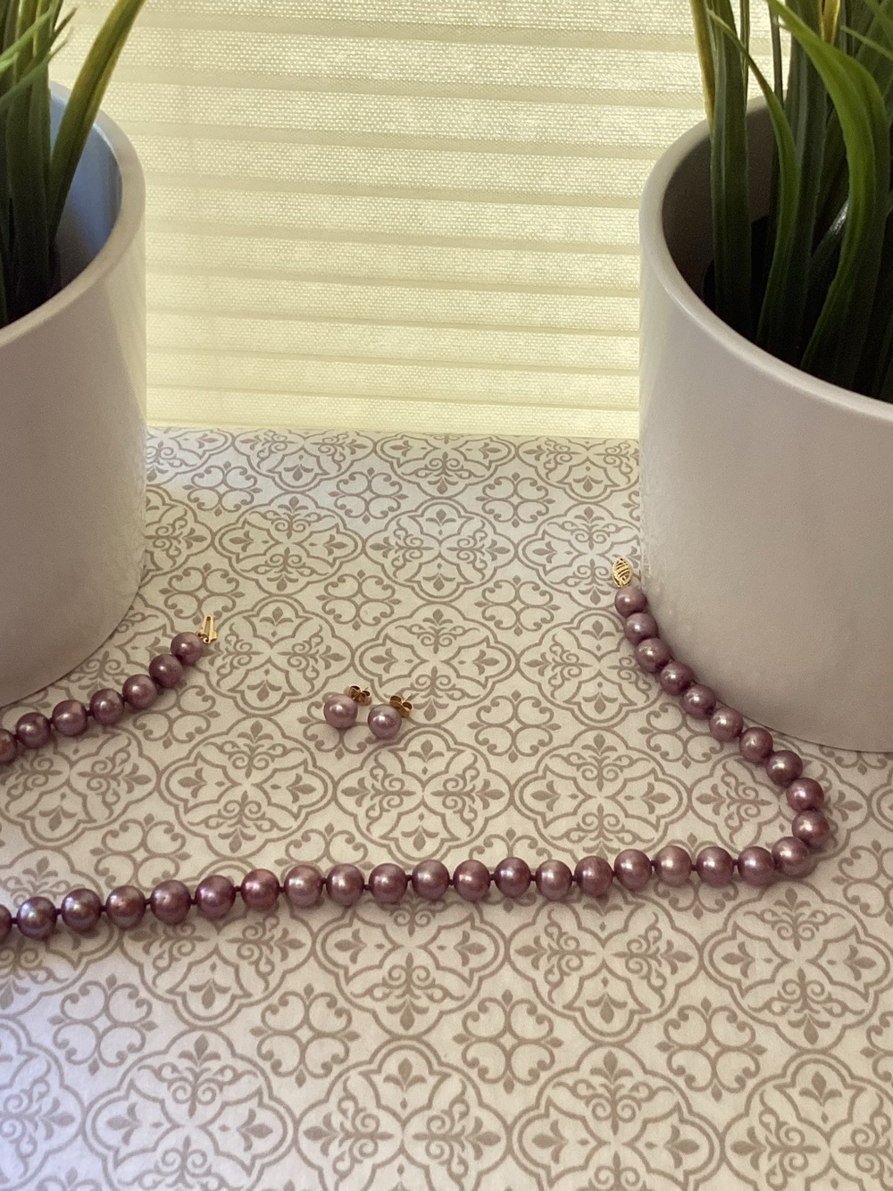 Lavender Pearl Necklace and Earrings